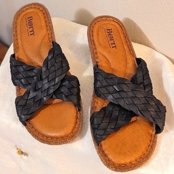 Born Shoes - BORN 'Rue 'Black Full Grain Leather Woven Slide Sandals Size 7/38